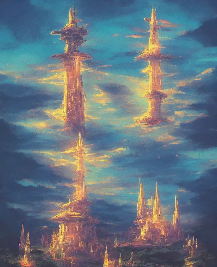 Image similar to “ a landscape painting in the style of noriyoshi ohrai of a holy tower, it is a glowing fortress and has iridescent mana radiating from it into the aether. it is centered. the background is the sky at dawn. retrofuturistic fantasy ”