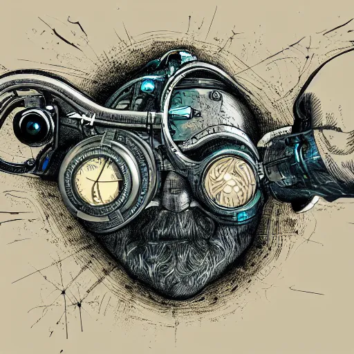Prompt: Ultra realistic illustration of an old man cyborg cyberpunk sci-fi fantasy dystopian art nouveau graphic design logo