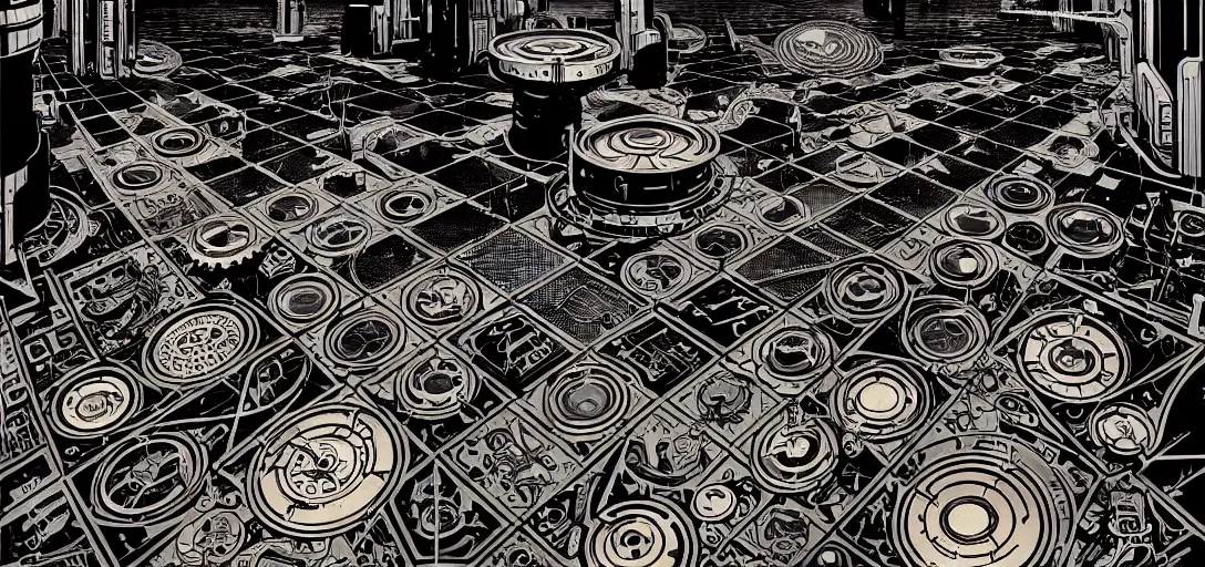 Prompt: cyberpunk steampunk tech tiled floor, one point perspective, high details, bold line art, by vincent di fate and joe fenton, inking, screen print, masterpiece, trending on artstation, sharp, hyper - detailed,, hd, 4 k, 8 k