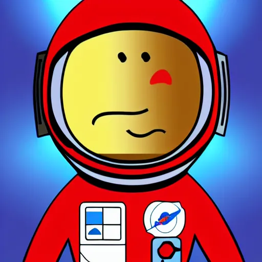 Prompt: 2 d cartoon of a red, short, bean shaped astronaut with no arms and a long blue visor