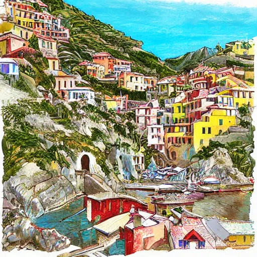 Image similar to illustration, french bande dessinée, final fantasy, mediterranean landscape, quaint village, bright colors, cinq terre, highly detailed, luminous