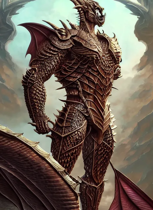 Image similar to muscular and tall humanoid dragon!!!! draconian!! intricate ornate iridescent heavy armor!! character concept art, sharp focus, octane render! unreal engine 5! highly rendered!! trending on artstation!! detailed linework!! illustration by artgerm, wlop, and chie yoshii