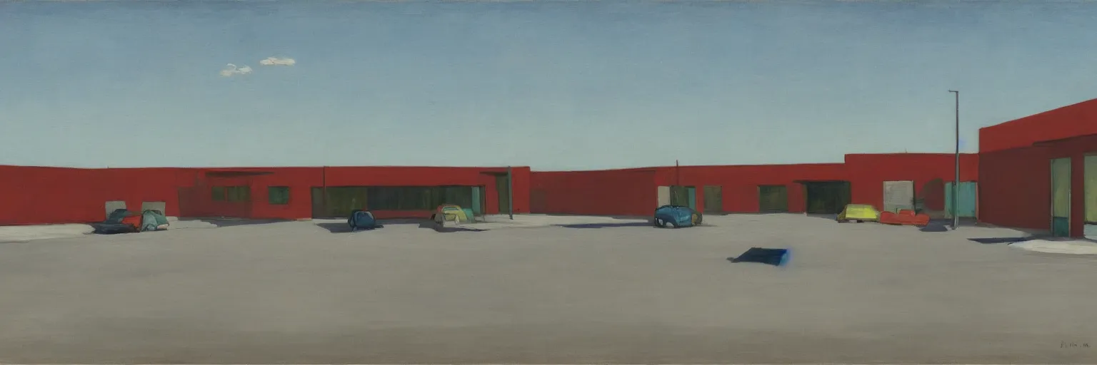 Image similar to bleak and deserted parking lot behind a North American suburban strip mall by Edward Hopper