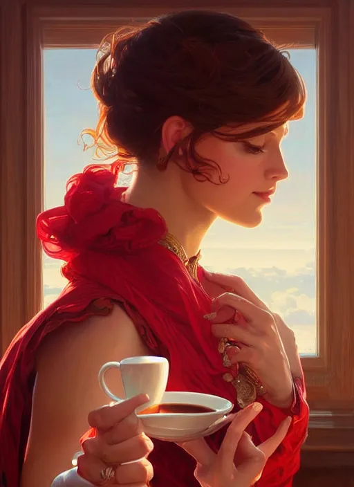 Image similar to perfectly - centered - portrait of a beautiful lady drinking red cup coffee, intricate, highly detailed, digital painting, artstation, concept art, smooth, sharp focus, illustration, unreal engine 5, 8 k, art by artgerm and greg rutkowski and alphonse mucha