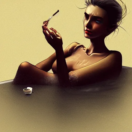 Image similar to drowning past regrets in tea and cigarettes, artstation, cgsociety