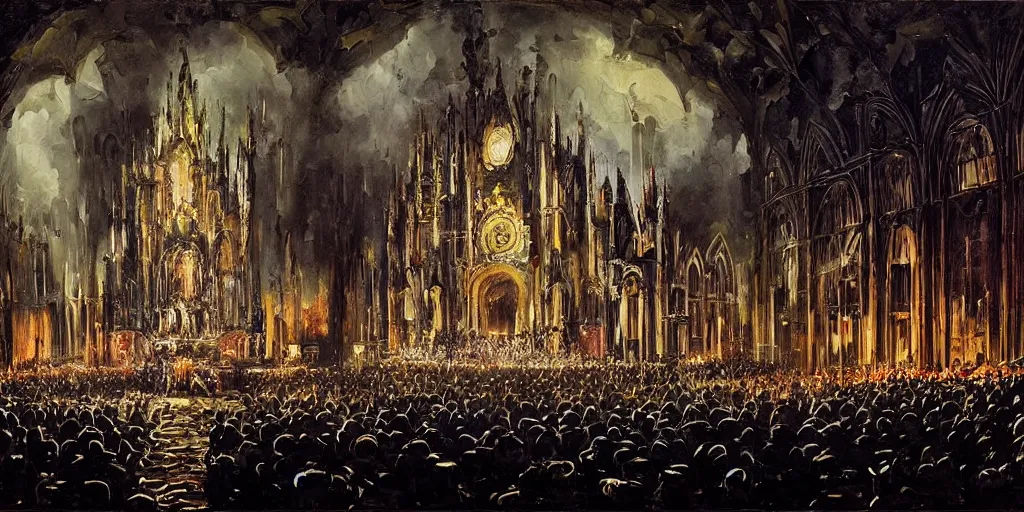 Prompt: Rammstein performing live on stage, 19th century cathedral style with lights and large sound speakers, by Megan Duncanson and Raphael Lacoste, detailed 3d gothic oil painting