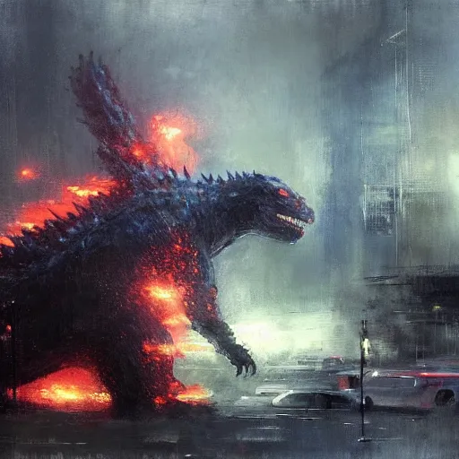 Image similar to godzilla painted by jeremy mann, highly derailed