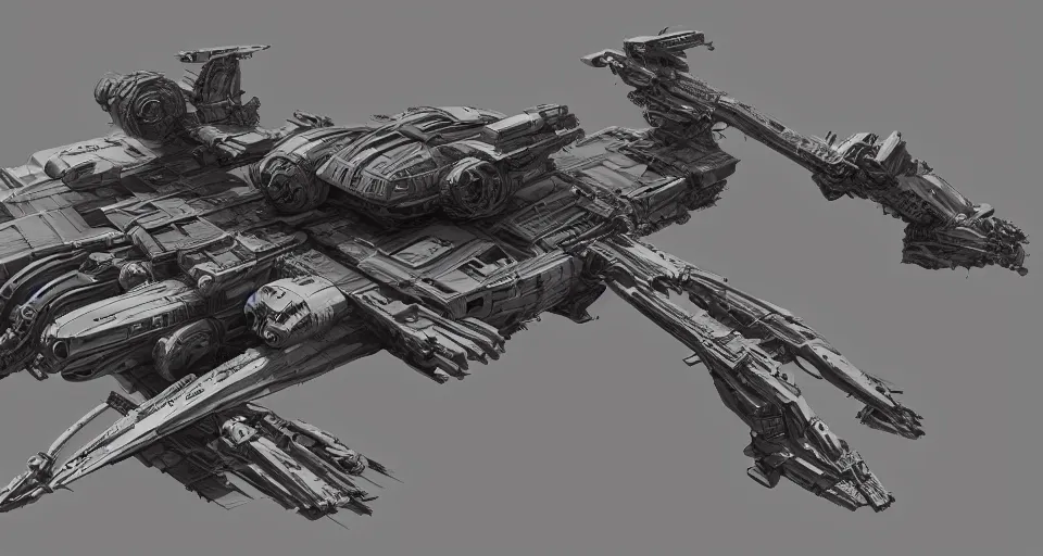 Image similar to highly detailed cinematic syd mead scifi render of 3 d sculpt of post apocalyptic spaceship, sparth, scott robertson, guardians of the galaxy, star wars, maschinen krieger, raphael lecoste