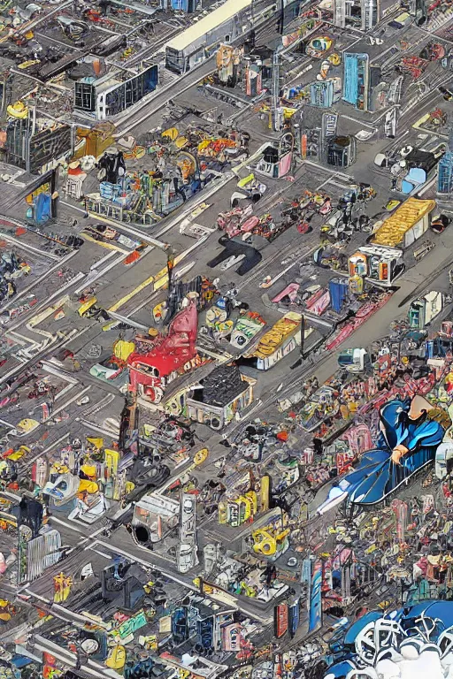 Prompt: it's an anime mural by katsuhiro otomo, it depicts a robotic giant towering over a world's city. below him are rows of cars and roads, while in the sky above are airplanes.