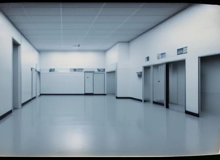 Image similar to polaroid photograph of a large white empty breakroom, retrofuturist liminal space, familiar place, clean, black mold, amateur, unreal engine, photorealistic, trending on artstation