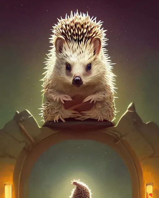 Image similar to highly detailed surreal vfx portrait of a sacred hedgehog, stephen bliss, unreal engine, greg rutkowski, loish, rhads, beeple, makoto shinkai and lois van baarle, ilya kuvshinov, rossdraws, tom bagshaw, alphonse mucha, global illumination, detailed and intricate environment