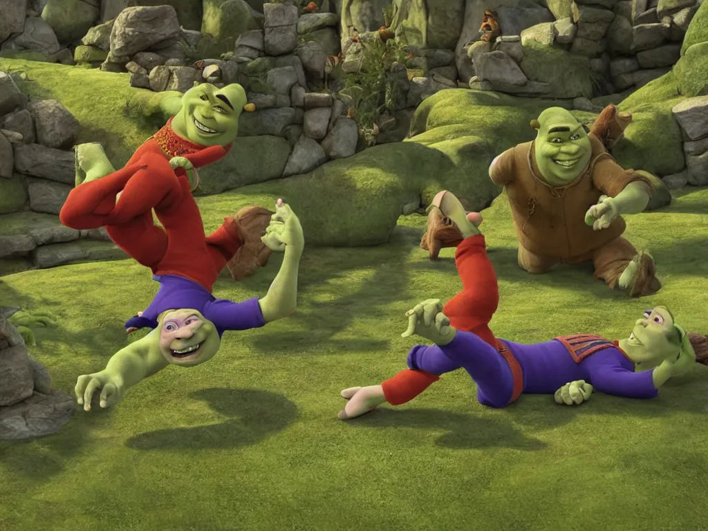 Image similar to shrek breakdancing while lord farquaad is in the back being impressed, High Definition detail, 8K, photography