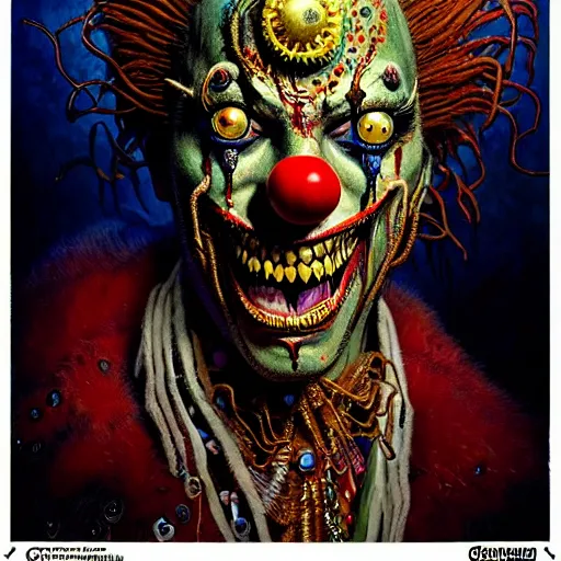 Image similar to uhd photorealisitc authentic lovecraftian psychotic madman wearing ornate clown costume and intricate voodoo makeup, intricate details, vivid colors, frightening surroundings, studio lighting, correct details, in the style of amano, karol bak, akira toriyama, and greg rutkowski