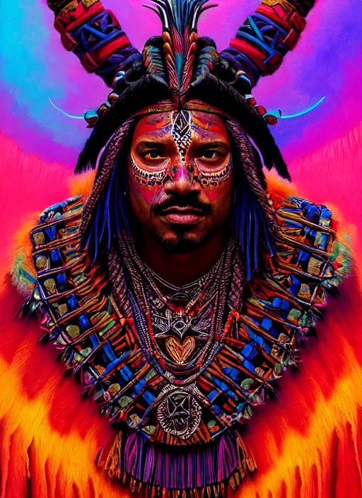 Prompt: portrait of laz alonso, hyper detailed ultra sharp aztec shaman warrior. trending on artstation, warpaint aesthetic, bloodwave, colorful, psychedelic, ornate, intricate, digital painting, concept art, smooth, sharp focus, illustration, art by artgerm and greg rutkowski and h. r. giger, 8 k