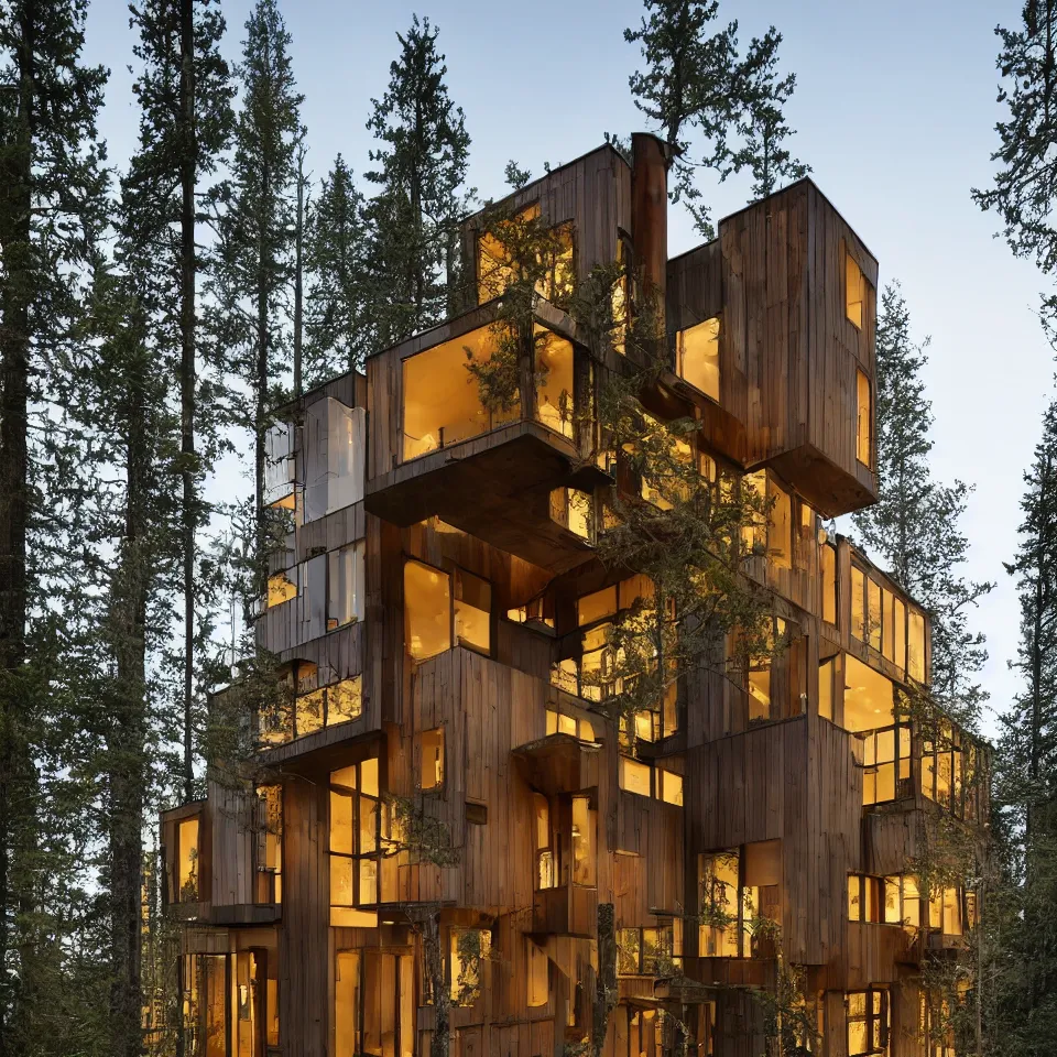 Prompt: beautiful house on top of skyscraper, olson kundig style, douglas fir trees, architectural magazine, award winning design, i