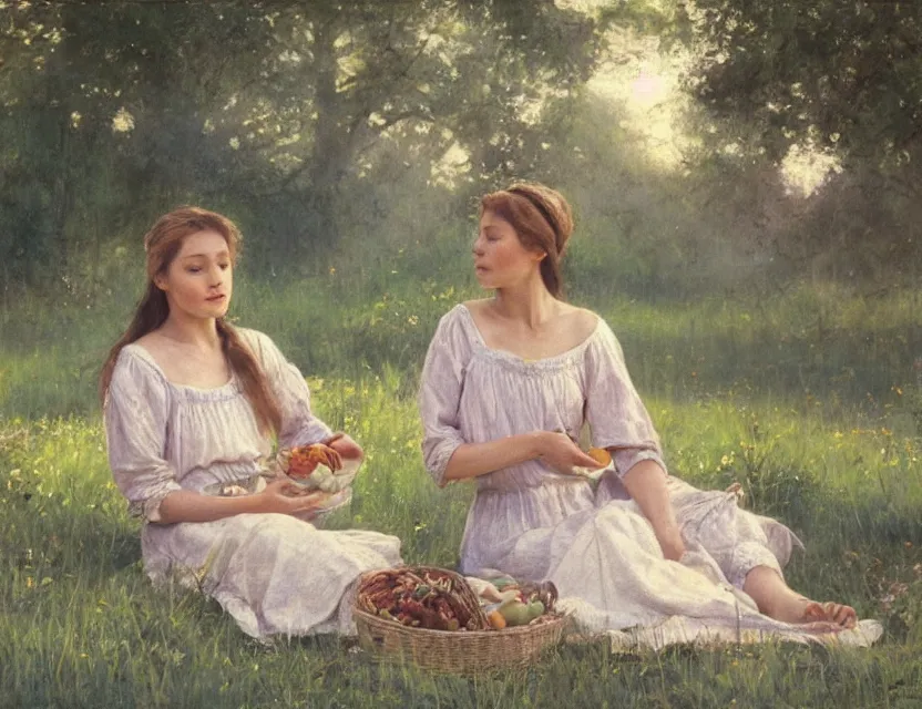 Image similar to 2 peasant girls on a picnic, cottage core, cinematic focus, polaroid photo bleached vintage pastel colors high - key lighting, soft lights, foggy, by steve hanks, by lisa yuskavage, by serov valentin, by tarkovsky, 8 k render, detailed, oil on canvas