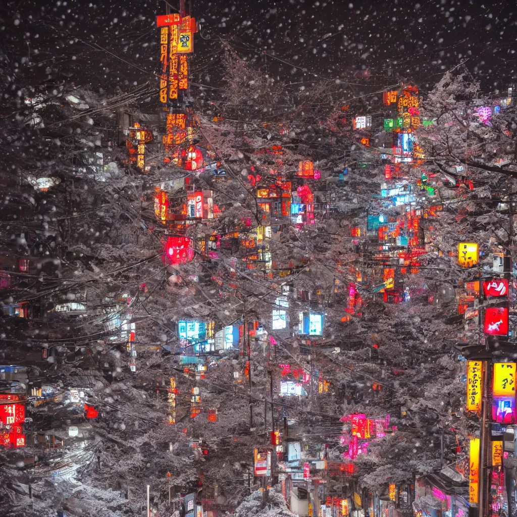 Image similar to a Japanese cyberpunk shrine, snowing, photograph,, sharp focus, intricate detail, drone shot, high resolution, 8k, neon streetlights, wires hanging down everywhere, Japan, colourful,,