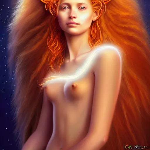 Image similar to Portrait of a girl angel with pale orange colored frizzy strands of illuminated hair, Lion essence, cat ears on her head, glowing halo, Lion's Mane, Cosmic, Lion's Gate, 8/8, fantasy, intricate, elegant, highly detailed, digital painting, artstation, concept art, smooth, sharp focus, illustration, art by Krenz Cushart and Artem Demura and alphonse mucha
