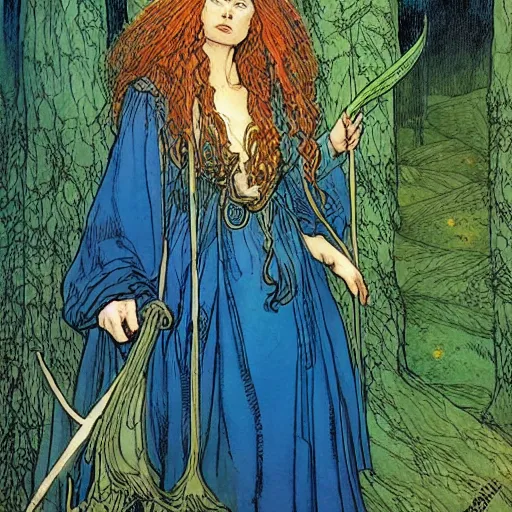 Image similar to a beautiful portrait of sanna!!!!! marin!!!!!, the young female prime minister of finland as a druidic wizard by rebecca guay, michael kaluta, charles vess and jean moebius giraud