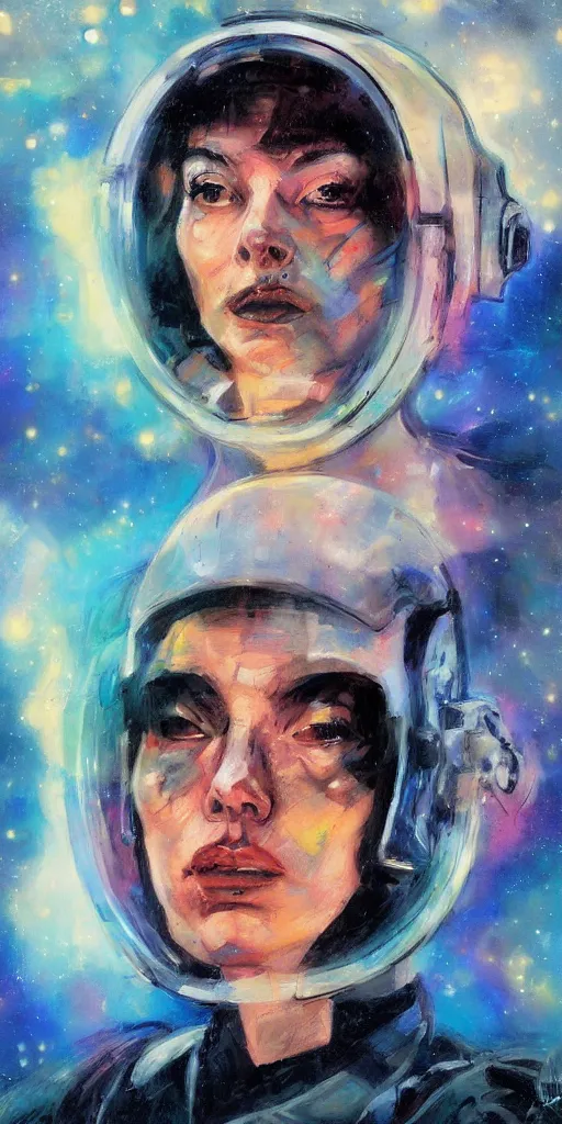 Image similar to abstract expressionist portrait of a space mechanic in the style of frank cho, casey baugh and james jean