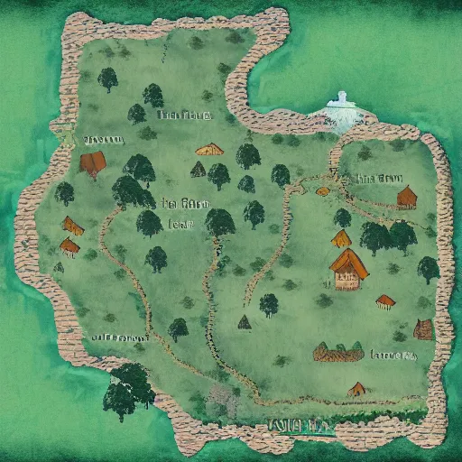 Prompt: a map with two towns, three forests and one cave