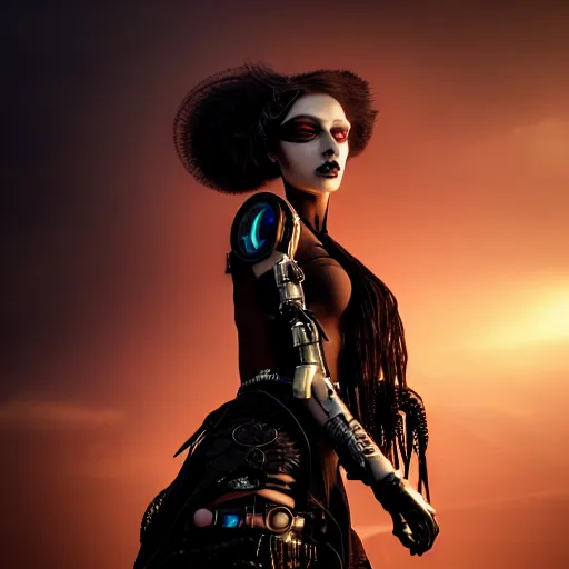 Prompt: photographic portrait of a stunningly beautiful gothic cyberpunk steampunk android female in soft dreamy light at sunset, god rays, contemporary fashion shoot, by edward robert hughes, annie leibovitz and steve mccurry, david lazar, jimmy nelsson, breathtaking, 8 k resolution, extremely detailed, beautiful, establishing shot, artistic, hyperrealistic, beautiful face, octane render