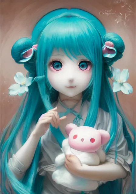 Image similar to hatsune miku holding cinnamoroll, pigtails, intricate, elegant, highly detailed, digital painting, artstation, concept art, smooth, sharp focus, illustration, art by artgerm and greg rutkowski and alphonse mucha and william - adolphe bouguereau