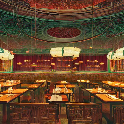 Image similar to a beautiful hyperdetailed 4 k hd wallpaper illustration interior of roasted string hotpot restaurant restaurant yan'an, from china, with merchant logo, fine delicate structure, chinese style, victo ngai, 4 k hd