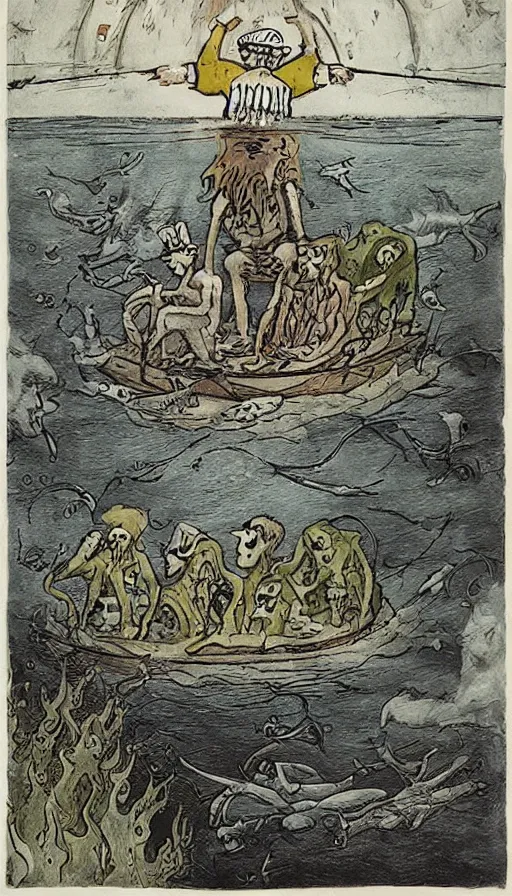 Prompt: man on boat crossing a body of water in hell with creatures in the water, sea of souls, by raymond briggs