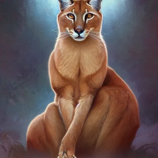 Image similar to portrait of a cute caracal, full body, intricate, elegant, highly detailed, digital painting, artstation, concept art, smooth, sharp focus, illustration, art by artgerm and greg rutkowski and alphonse mucha and william - adolphe bouguereau