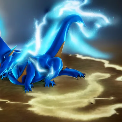 Image similar to a blue Charizard with water powers,realistic illustration