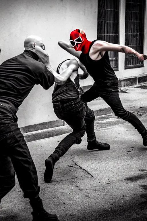 Prompt: nazi skinhead fight with masked antifa, high resolution, photorealistic, smooth, details, 4 k, aesthetic lighting, baroque object, sharp focus, hyperdetailed object, professional photography, pullitzer winning, 8 0 0 photo by : canon eos 5 d mark iv, by karah mew and adnan abidi and jodie bateman