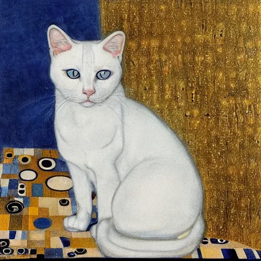 Image similar to portrait of a white cat with a black spot on head and blue eyes, intricate, elegant, highly detailed, smooth, sharp focus, illustration, art by gustav klimt