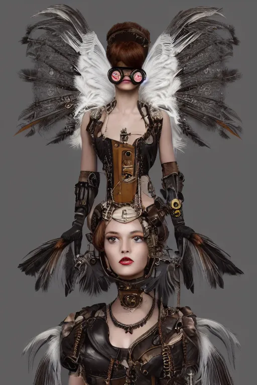 Prompt: Hepburn has a steampunk body, complicated steampunk clothes all over the body, angel white feather wings, vertical portrait, symmetrical face, f1.8, 50mm, vibrant light leaks,high detailed, intricate detail, hyper realism 8k,trending on artstation.