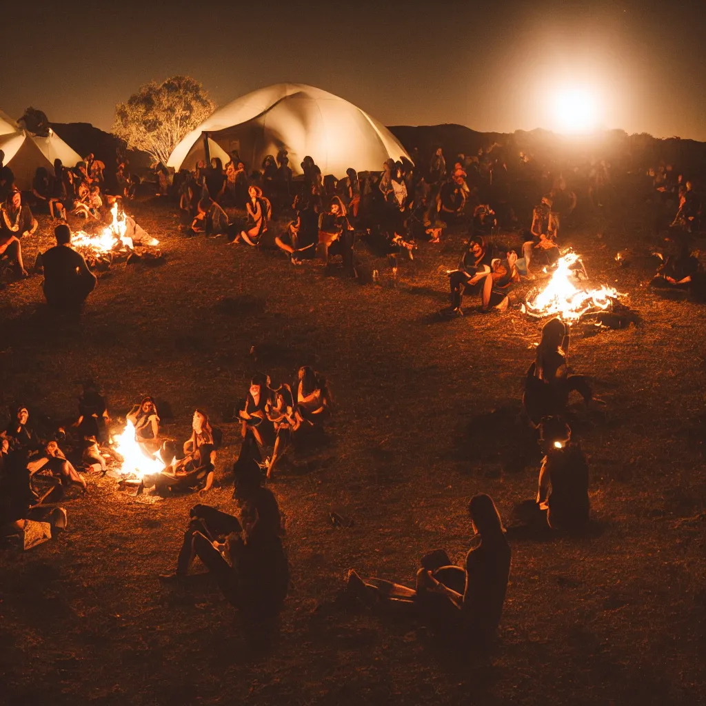 Prompt: atmospheric night photograph of people celebrating sitting cross legged facing a fire, with a circular tent out of focus in the background, in the australian desert