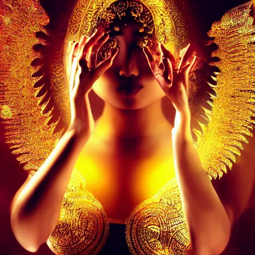 Image similar to asian girl, liquid golden and black fluid, magic hour, dramatic light, liquid painting, golden bodypaint, world best photography, indian patterns, bokeh, golden jewelry filigree, body detaily, ornaments, fresco by michealangelo, golden rays, god rays, epic cinematic wallpaper