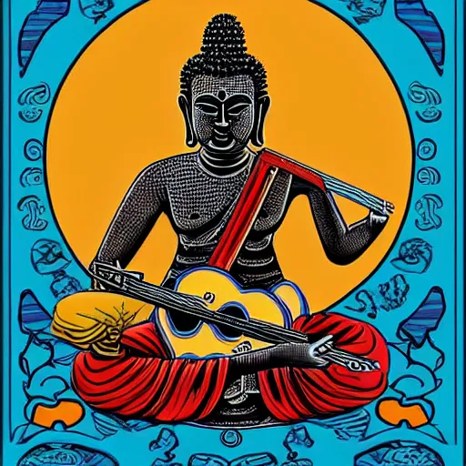 Image similar to buddha playin guitar with his band. symmetrical anatomy, very detailed design, complexity of the picture, with pop punk style, colorful, accompanied by body, pure image without duplication, trending dribble, drawn by vinicius gud and gustavo zambelli