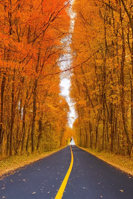 Image similar to photograph of a country road lined on both sides by maple and poplar trees, in the autumn, red orange and yellow leaves, some leaves have fallen and are under the trees and on the road