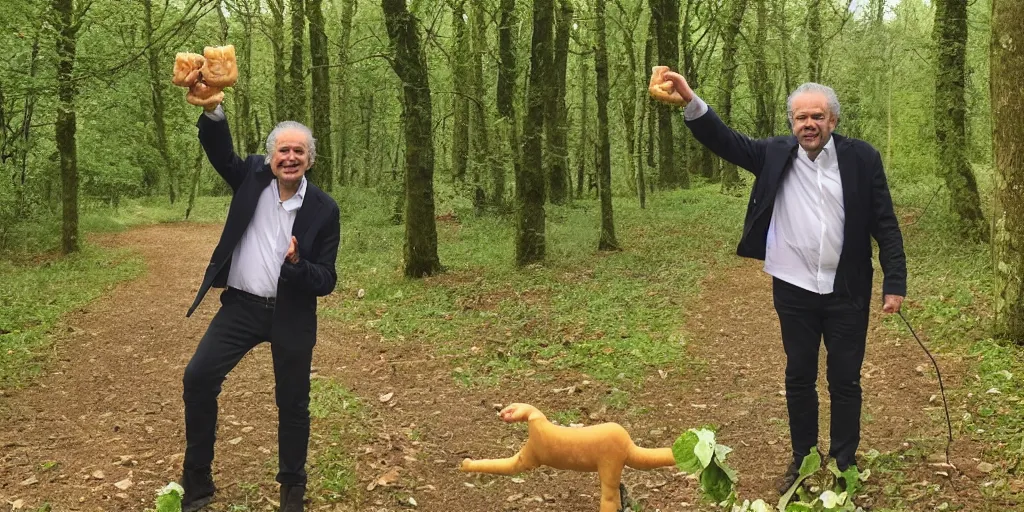 Prompt: going for a walk in the country eating leaves in the forest long arms. really long arms. very long arms, arms. alan sugar with really long arms holding some pastry pets. long arms. stretched limbs. pastry sheep, pastry lizard