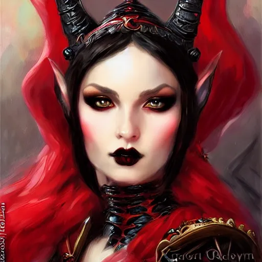 Image similar to Gothic elf princess in red dragon armor by Konstantin Razumov, face close up