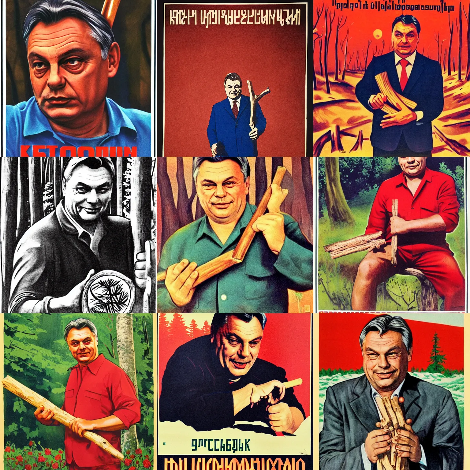 Prompt: soviet poster of soothing viktor orban, holding a wood piece, forest in background