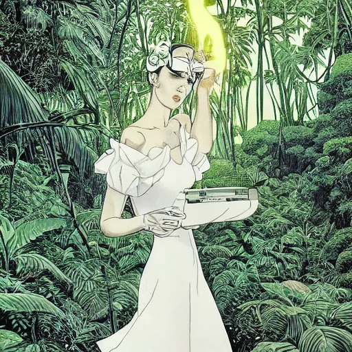 Prompt: elegant woman, white dress, dense jungle, trees, huge flowers, risograph!, omnious, dark, oldschool vintage sci - fi flat surreal design, super - detailed, painting by moebius and satoshi kon and jodorowski and katsuhiro otomo and kim jung gi, hd, 4 k, high quality