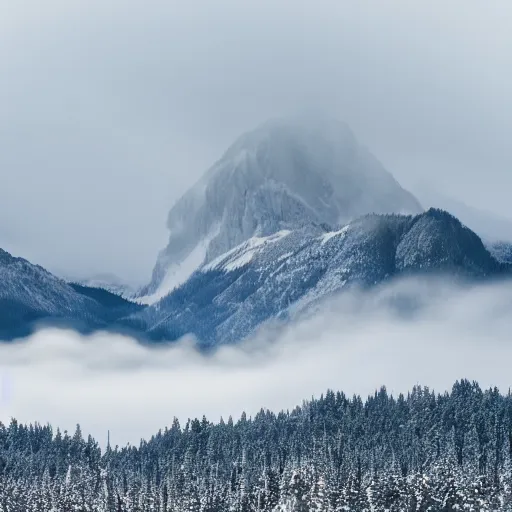 Image similar to a giant monster taller than the surrounding snow capped mountains emerging from the mist, award winning photography