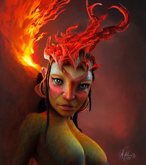 Prompt: an epic fantasy comic book style portrait painting of an extremely cute and adorable very beautiful volcanopunk magma firedrake halfling na'vi from avatar, by mark ryden and pixar and hayao miyazaki, unreal 5, daz, hyperrealistic, octane render, cosplay, rpg portrait, dynamic lighting, intricate detail, summer vibrancy, cinematic