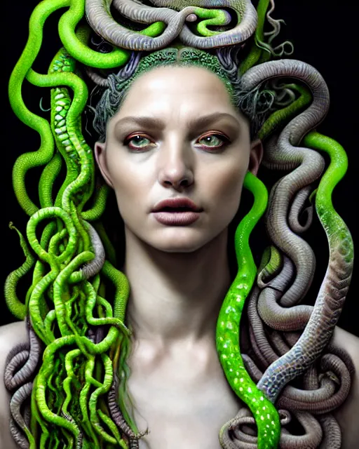 Prompt: hyperrealistic mixed media painting of beautiful Medusa, many green scaley serpents in her hair, gray stony skin, seductive expression, full body, stunning 3d render inspired art by P. Craig Russell and Barry Windsor-Smith + perfect facial symmetry + dim volumetric lighting, 8k octane beautifully detailed render, post-processing, extremely hyperdetailed, intricate, epic composition, grim yet sparkling atmosphere, cinematic lighting + masterpiece, trending on artstation, very very detailed, masterpiece, stunning