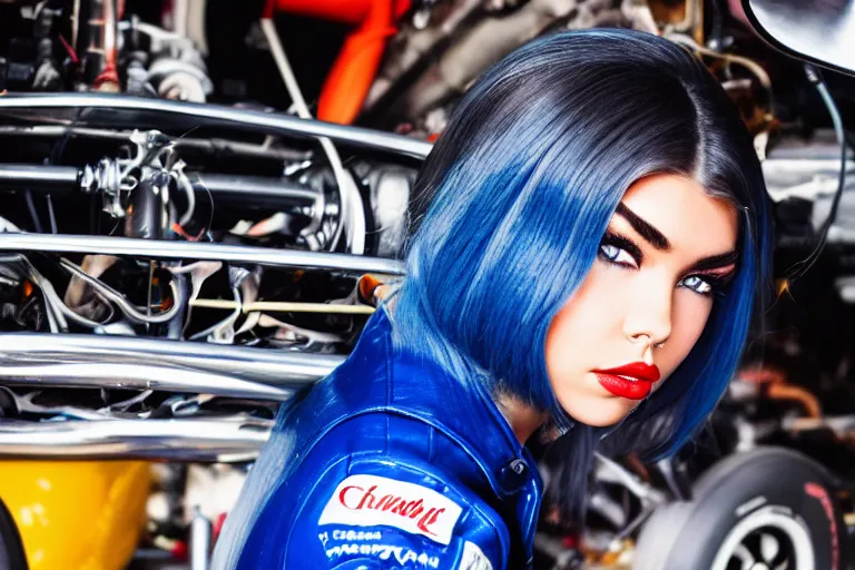 Prompt: a highly detailed, beautiful photo of a madison beer as a 1 9 7 0 s race car mechanic, working on a formula one car, symmetrical face, beautiful eyes, cobalt blue hair and red lipstick, realistic, 8 k, award winning photo, motor sport photography,, back lit lighting,