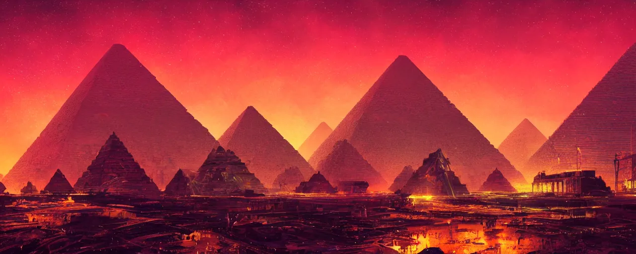 Prompt: ” ancient pyramids with glowing neon lines lighting the night, [ cinematic, detailed, epic, widescreen, opening, establishing, mattepainting, photorealistic, realistic textures, octane render, art by paul lehr ] ”