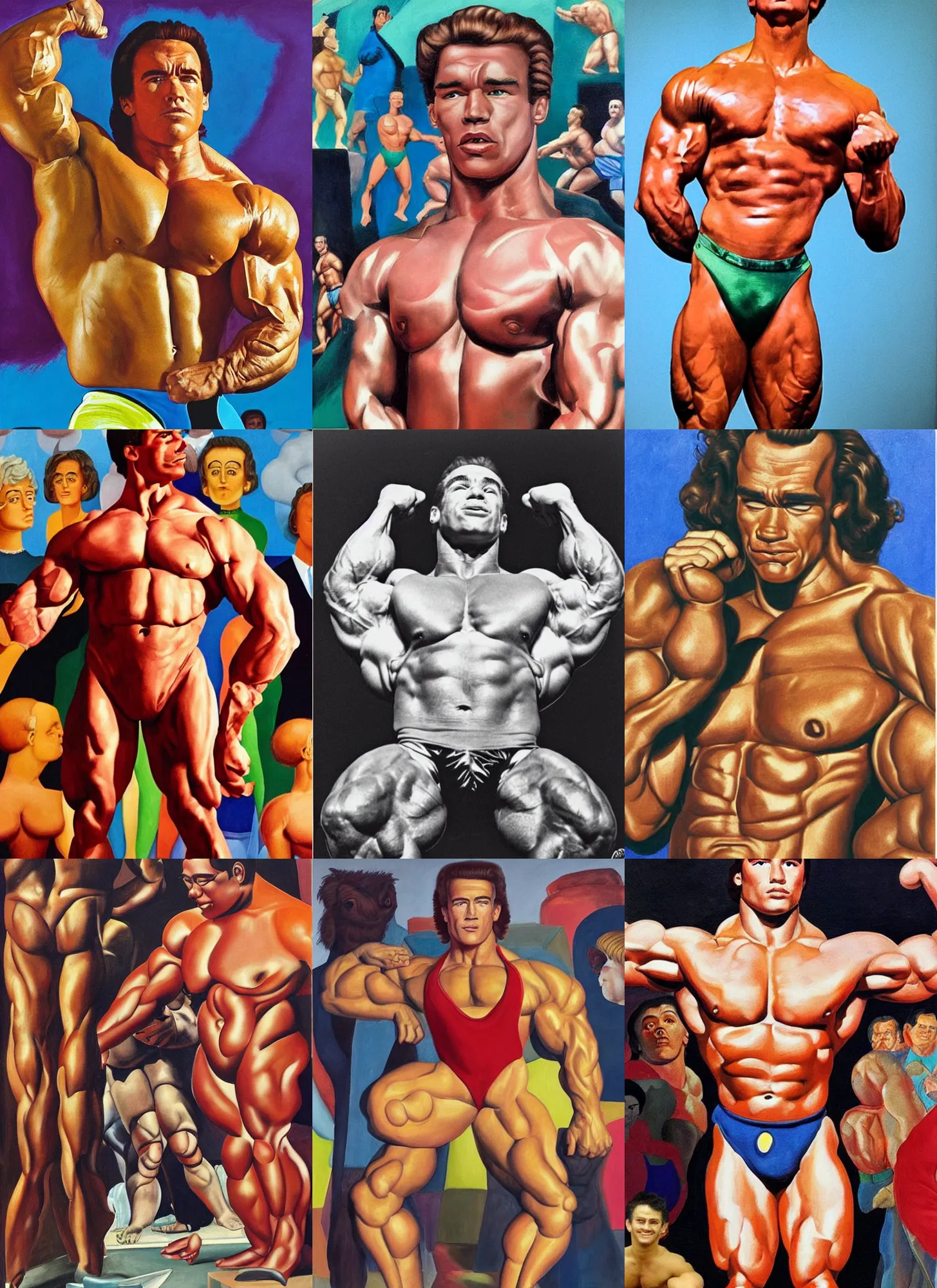 Prompt: “ colourful portrait of a young arnold schwarzenegger, posing in a bodybuilding competition, by fernando botero and paula rego and neo rauch ”