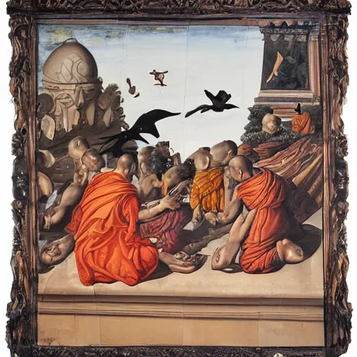 Prompt: hindu monks worshipping giant crow as devil on greek senete baroque painting, lionardo davinchi