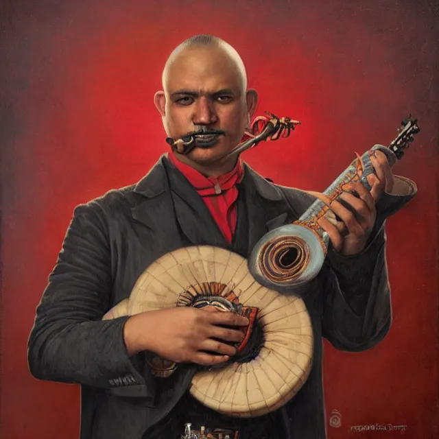 Prompt: portrait of a mexican mariachi musician, art by tom bagshaw and manuel sanjulian and diego rivera